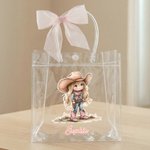 Personalized Cartoon Cowboy Cowgirl Clear Tote Bag with Bow Ribbon and Name Outdoor Activities Essential Birthday Gift for Boys Girls
