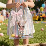Personalized Cartoon Cowboy Cowgirl Clear Tote Bag with Bow Ribbon and Name Outdoor Activities Essential Birthday Gift for Boys Girls