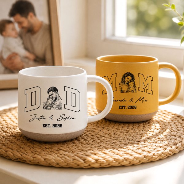 Personalised Vintage Black and White Line Art Photo 12 oz Ceramic Mug with Name and Year Daily Home Office Use Father's Day Birthday Gift for Parents