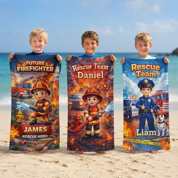 Gepersonaliseerd Cartoon Brandweerman Politieagent Stijl Sneldrogend Strandlaken met Naam Zomervakantie Strandfeest Cadeau voor Kinderen