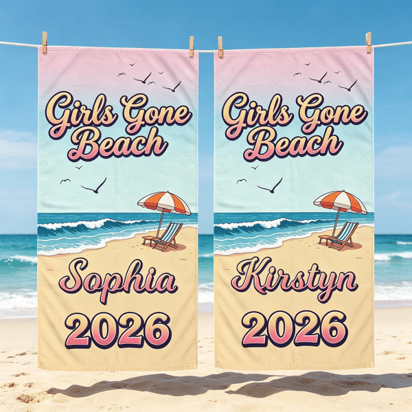 Personalisierte Mädchen Gone Beach schnell trocken überdimensioniert Strandtuch mit Namen und Jahr Sommer Strand Party Geburtstag Geschenk für Frauen Mädchen