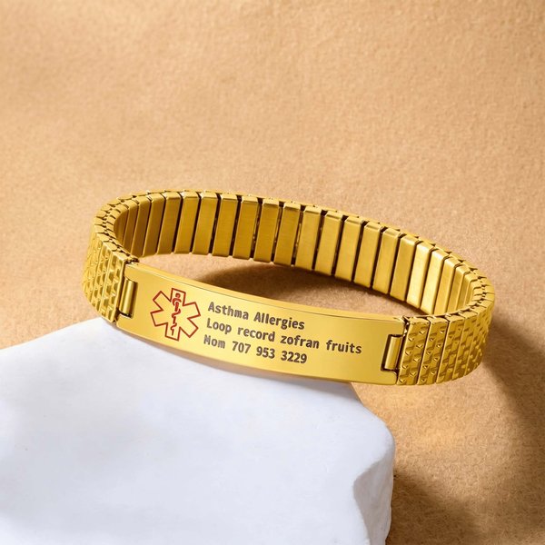 Personalized Men's Medical Emergency ID Alert Stretch Bracelet with Engraved Text Birthday Gift for Epilepsy Diabetes Allergy Patient
