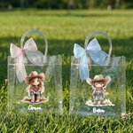 Personalized Cartoon Cowboy Cowgirl Clear Tote Bag with Bow Ribbon and Name Outdoor Activities Essential Birthday Gift for Boys Girls