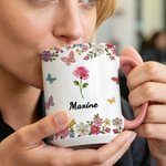 Personlig mångfärgad akvarell födelseblomma namn 11 oz 15 oz keramikmugg med underlägg daglig användning hemma på kontoret födelsedagspresent till henne
