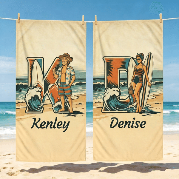 Personalized Surfing Cartoon Character Quick Dry Oversized Beach Towel with Name Summer Beach Party Birthday Gift for Surfing Lovers Couples