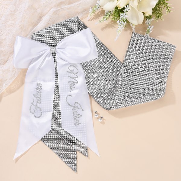 Personalized Luxury Satin Bow Faux Rhinestones Adjustable Sash with Glitter Text Bridal Shower Bachelorette Party Gift for Bride to Be