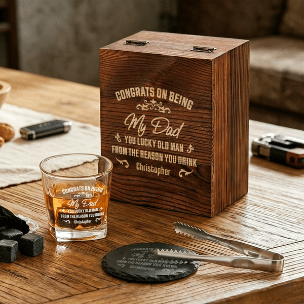 Personalised Our Dad Title Whiskey Glass 4 Stones Wooden Box Set with Name Birthday Father's Day Gift for Dad Grandad