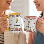 Personlig mångfärgad akvarell födelseblomma namn 11 oz 15 oz keramikmugg med underlägg daglig användning hemma på kontoret födelsedagspresent till henne