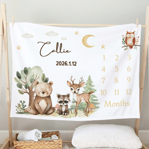 Personalised Woodland Cartoon Animal Milestone Soft Throw Blanket with Name Baby Shower Gift for Newborn New Mom