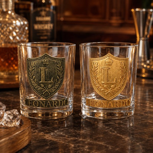 Personalised 3D Embossed Crown Shield Family Crest Whiskey Glass with Initial and Name Father's Day Birthday Gift for Dad Husband