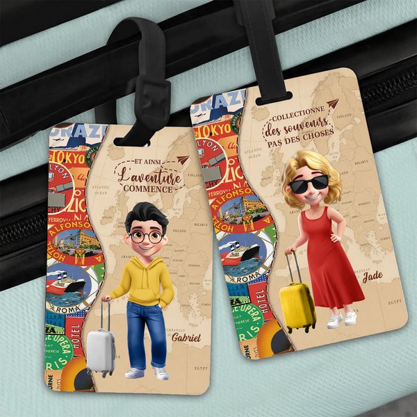 Étiquette de bagage personnalisée avec personnage et nom - Style de carte rétro - Cadeau de voyage pour la famille et les amis