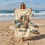 Personalized Surfing Cartoon Character Quick Dry Oversized Beach Towel with Name Summer Beach Party Birthday Gift for Surfing Lovers Couples