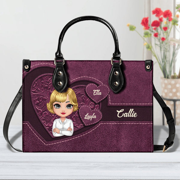 Gepersonaliseerde Cartoon Karakter Retro Lychee Grain PU Leer Grote Capaciteit Tote Bag met 1-8 Namen Verjaardag Verjaardagscadeau voor Moeder Grootmoeder