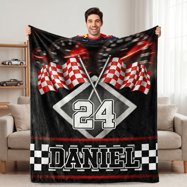 Personalized Racing Checkered Flag Soft Throw Blanket with Name and Number Home Decor Race Day Birthday Gift for Men Race Lovers
