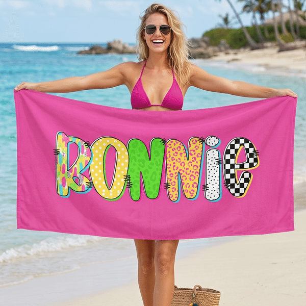 Personalized Multicolour Graffiti Checkerboard Name Quick Dry Microfiber Beach Towel with Name Summer Birthday Gift for Friends Family