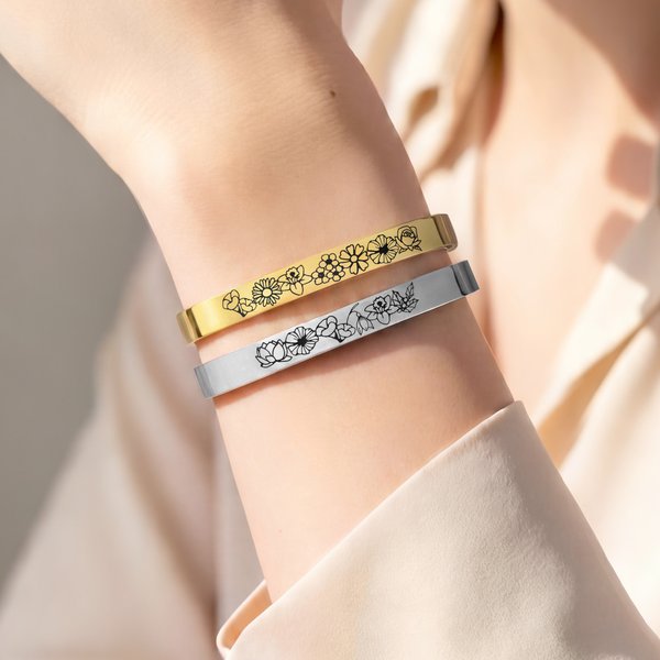 Personalized Multicolor 1-15 Birth Flowers Adjustable Cuff Bracelet with Engraved Message Daily Wear Mother's Day Gift for Family Friends