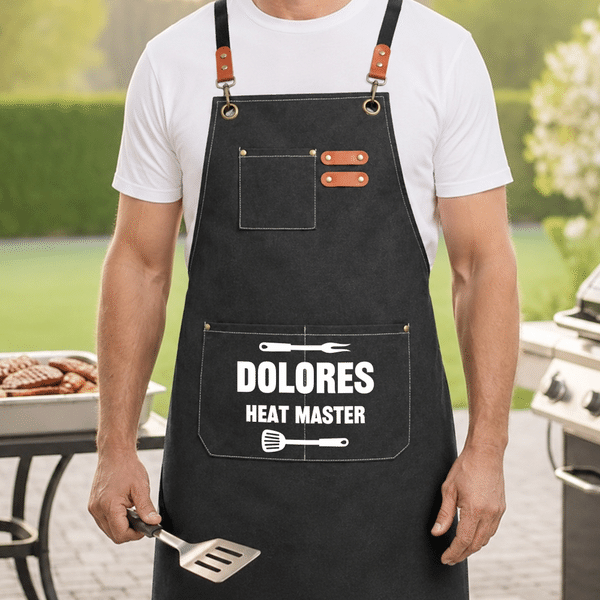 Personalised Grill-Themed Canvas Apron with Name amd Text Daily Use Father's Day Birthday Gift for Dad Grandpa BBQ Lovers