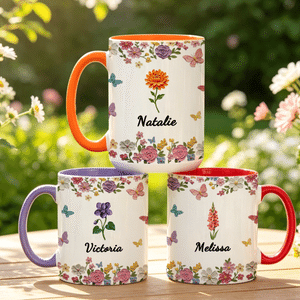 Personalised Multicolour Watercolour Birth Flower Name 11 oz 15 oz Ceramic Mug with Coaster Daily Home Office Use Birthday Gift for Her