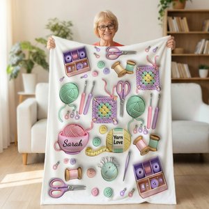 Personalised Crochet Elements Soft Throw Blanket with Name Home Decor Birthday Gift for Grandma Knitting Lover