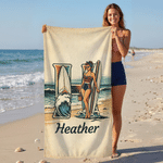Personalized Surfing Cartoon Character Quick Dry Oversized Beach Towel with Name Summer Beach Party Birthday Gift for Surfing Lovers Couples