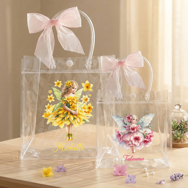 Personalized Cute Birth Flower Fairy Clear Bow Gift Bag with Name Daily Use Birthday Gift for Girls