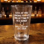 Personalised Look At You Landing My Mom and Getting Me as A Bonus 16 oz Pint Glass Father’s Day Birthday Gift for Bonus Dad Stepfather