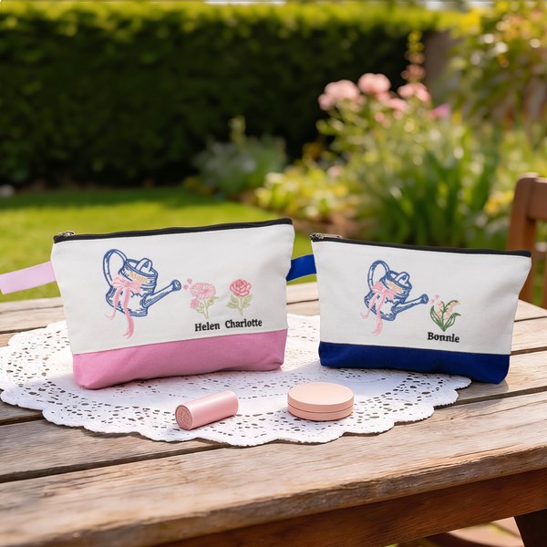 Personalized Embroidered Bow Watering Can Birth Flower Makeup Bag with Name Anniversary Thanksgiving Day Birthday Gift for Mom Woman