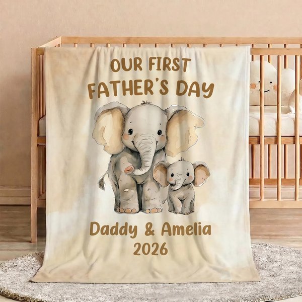 Gepersonaliseerd Onze Eerste Vaderdag Dierlijke Familie Zachte Deken met Naam en Jaar Huisdecoratie Vaderdag Cadeau voor Nieuwe Vader Pasgeborene
