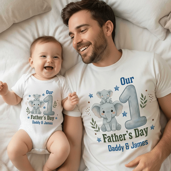 Gepersonaliseerd Onze 1e Vaderdag Animal Dad Baby T-shirt Baby rompertje bijpassende outfit met naam Vaderdagcadeau voor nieuwe vader