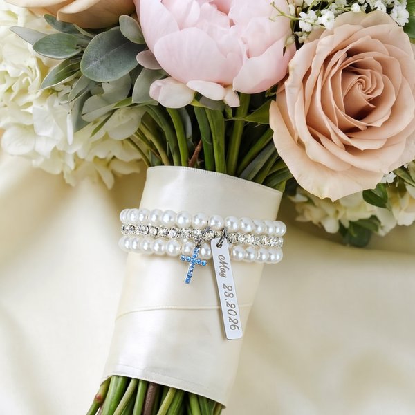 Personalized Pearl Rhinestone Cross Bouquet Charm with Text  Anniversary Bridal Shower Wedding Gift for Bride
