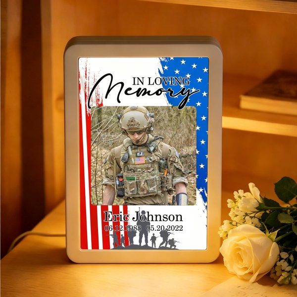 Personalised In Loving Memory Fallen Soldier LED Photo Frame Mirror with Name Memorial Day Sympathy Gift for Army Family Loss of Loved One