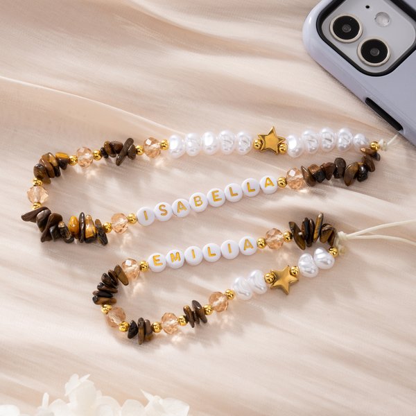 Personalized Tiger-Eye Stone Shell Pearl Bead Phone Charm with Name Phone Accessories Birthday Gift for Friend