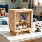 Personalised Initial Ball Pattern Wooden Clear Money Box Piggy Bank with Name Desk Decor Birthday Children's Day Gift for Kids