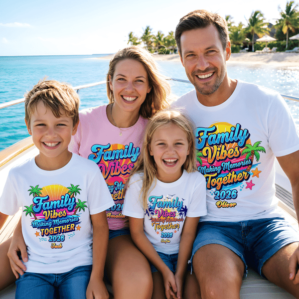 Personalised Family Vibes Multicolor Graphic 100% Cotton T-shirt with Name and Year Summer Holiday Parent-Child Beach Trip Gift for Family