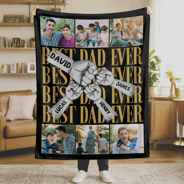 Personalized Parent-Child Fist Bump Photo Soft Throw Blanket with Name Room Decor Father's Day Birthday Gift for Father Grandfather