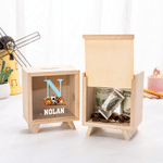 Personalised Initial Ball Pattern Wooden Clear Money Box Piggy Bank with Name Desk Decor Birthday Children's Day Gift for Kids