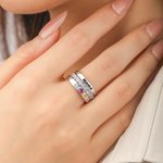 Personalized 3-Layer Stack Zircon Heart Birthstone Sterling Silver Ring with Engraved Name Dainty Jewelry Birthday Anniversary Gift for Woman