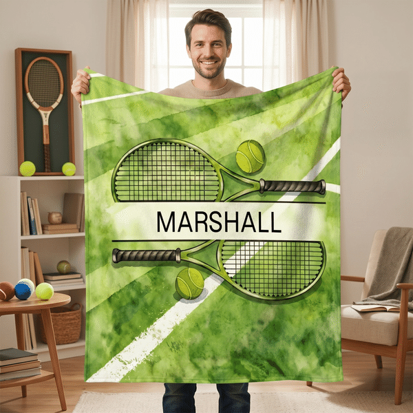 Personalized Tennis Racket Ball Design Soft Throw Blanket with Name Tennis Match Birthday Gift for Tennis Players Lovers