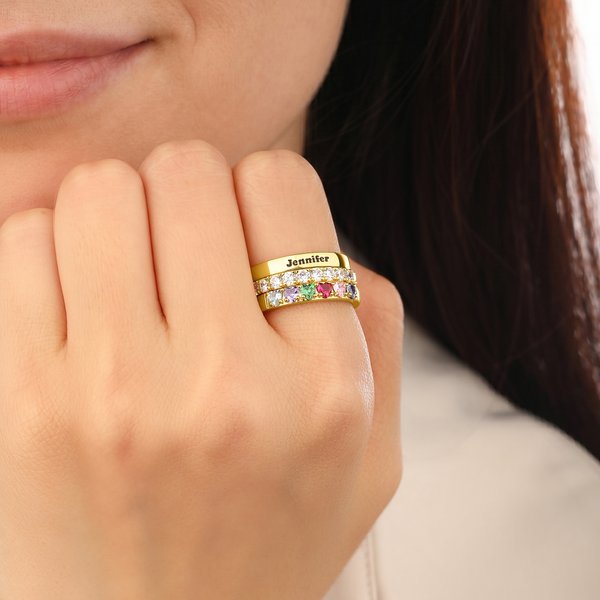 Personalized Zircon Heart Birthstone Engraved Name 3-Layer Stack Sterling Silver Ring Dainty Jewelry Birthday Anniversary Gift for Woman Wife Mother