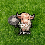 Personalised Highland Cow Birth Flower Magnetic Hat Clip Golf Ball Marker with Name Game Day Golf Club Birthday Gift for Golf Lover