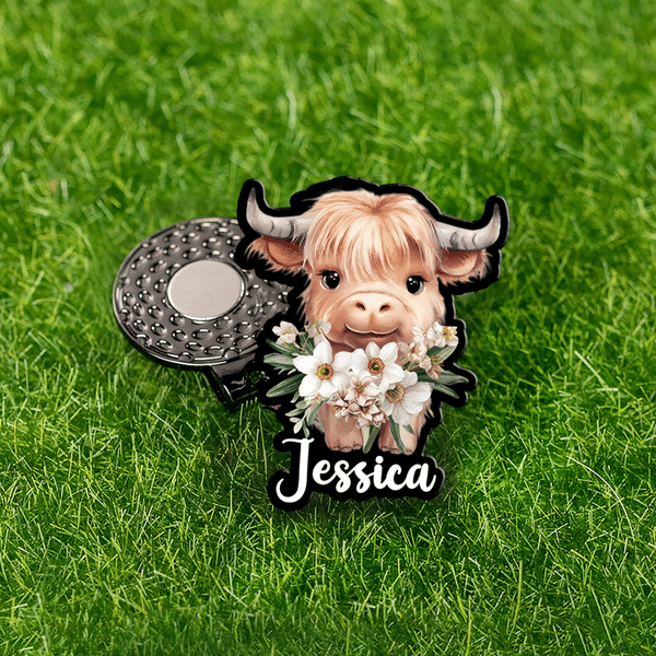 Personalised Highland Cow Birth Flower Magnetic Hat Clip Golf Ball Marker with Name Game Day Golf Club Birthday Gift for Golf Lover