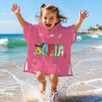 Personalised Summer Theme Doodle Name Quick Dry Hooded Beach Towel with Name Beach Pool Party Birthday Gift for Kids Family