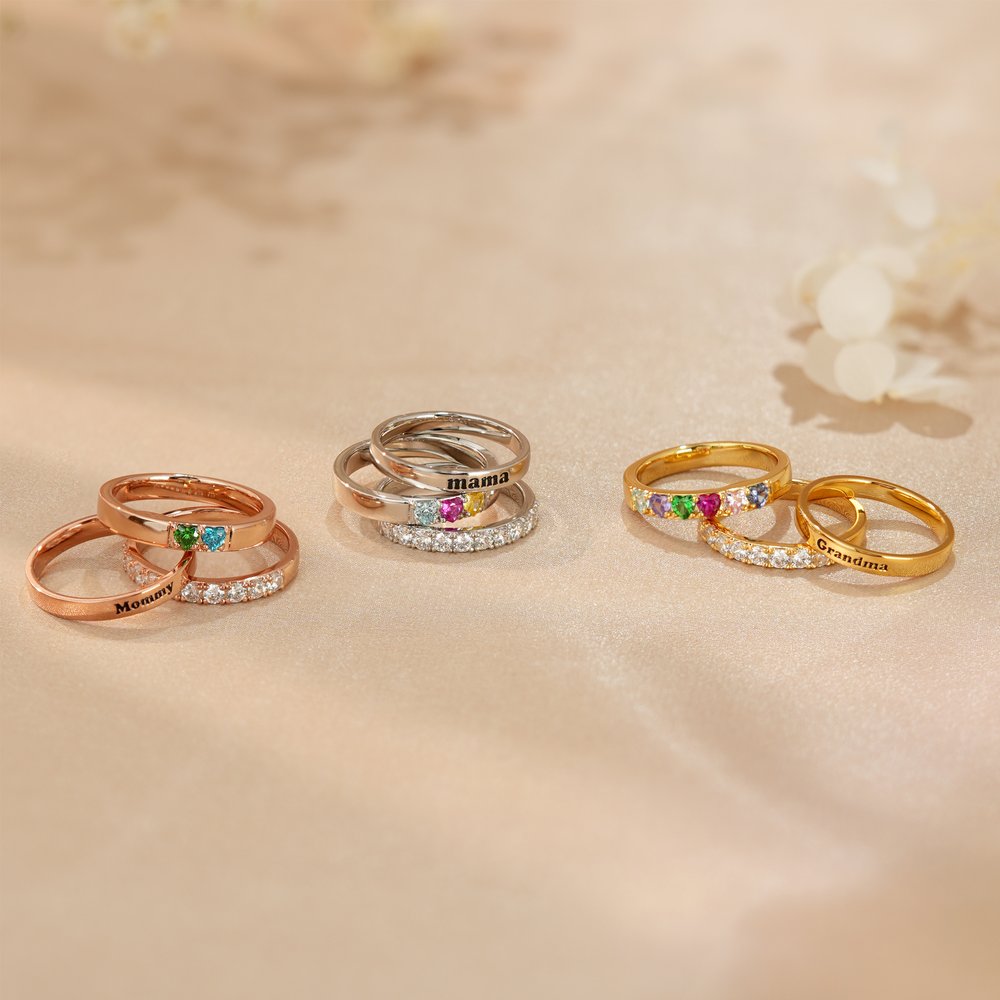 Personlig 3-lagers Stack Zircon Heart Birthstone Sterling Silver Ring med graverat namn Smyckesring Födelsedagsgåva för kvinna 1