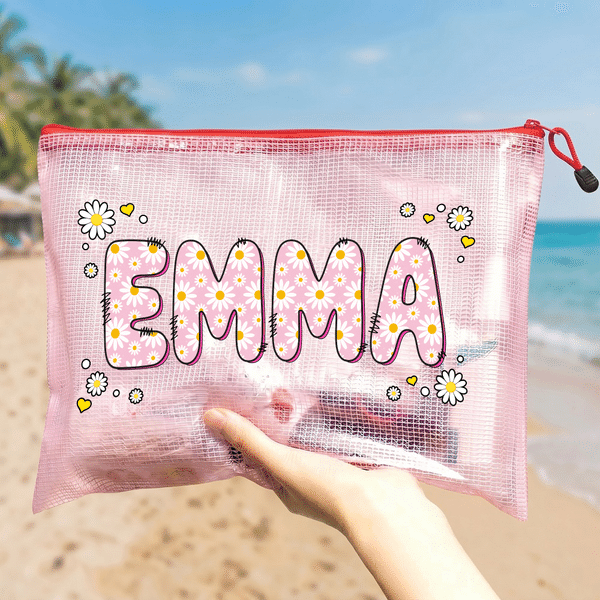 Gepersonaliseerd Multicolor Naam Hartje Daisy PVC Strandtasje Zwemmen Gebruik Verjaardagscadeau voor Meisjes Vrouwen Vrienden