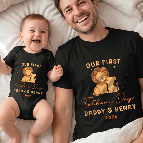 Personalized Our First Father's Day Animal Dad Baby T-shirt Baby Bodysuit Matching Outfit with Name and Year Father's Day Gift for New Dad