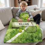 Personalized Tennis Racket Ball Design Soft Throw Blanket with Name Tennis Match Birthday Gift for Tennis Players Lovers