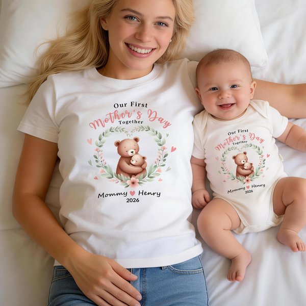 From My Arms to My Heart - Personalized Mom Baby Animal Floral Heart T-Shirt Bodysuit Matching Set First Mother’s Day Gift