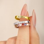 Personalized 3-Layer Stack Zircon Heart Birthstone Sterling Silver Ring with Engraved Name Dainty Jewelry Birthday Anniversary Gift for Woman