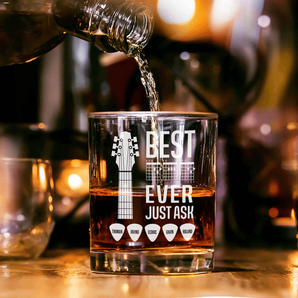 Personalised Guitar Headstock Best Dad Ever 10 oz Rock Whiskey Glass with 1-10 Names Father's Day Birthday Gift for Dad Guitar Lover