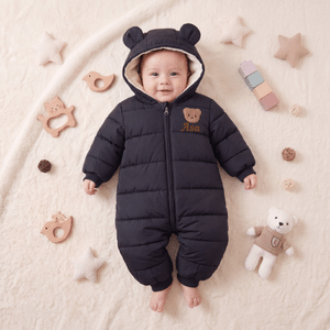 Spersonalizowany kombinezon dziecięcy z imieniem i nazwiskiem Cute Bear Zimowy prezent urodzinowy Baby Shower dla noworodka w wieku 0-24 miesięcy